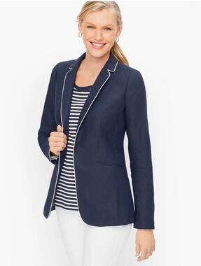 Talbots Navy Linen Blazer 12P Preppy Summer Career Jacket business casual office